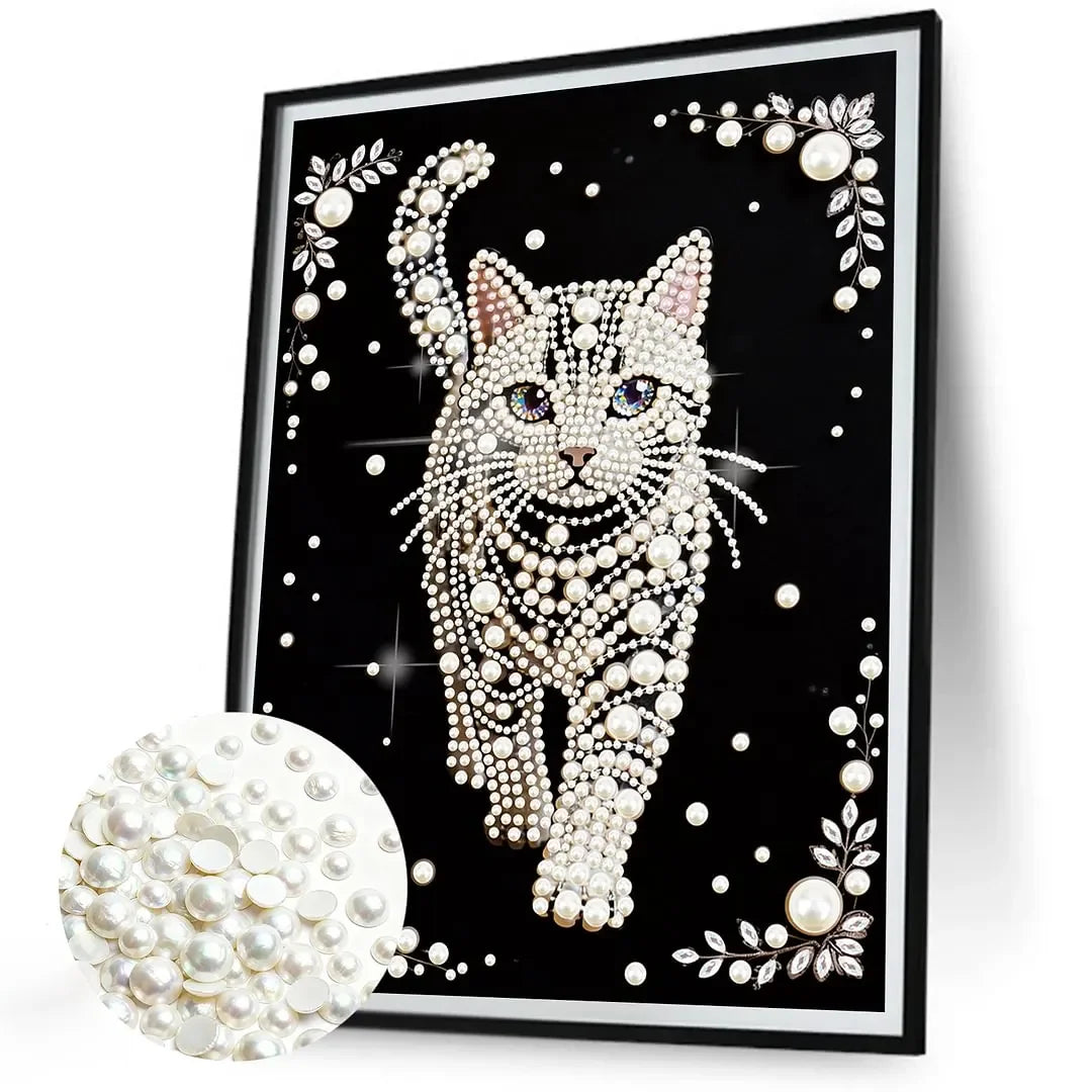A framed image of a cat pattern diamond painting kit featuring white pearls and diamonds.