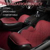 Red quilted seat covers installed in a car interior showing a breathable and comfortable fit.