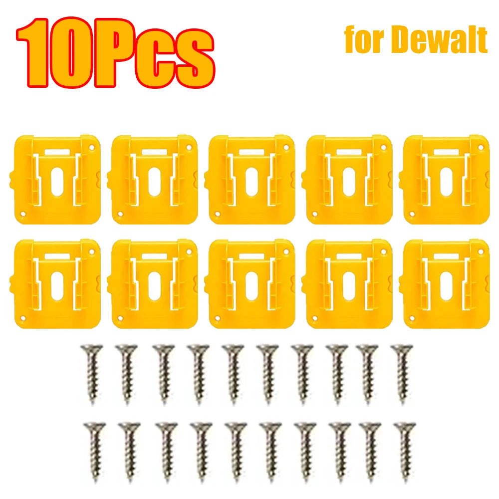 Ten yellow plastic wall-mount battery holders and various screws for Dewalt power tools
