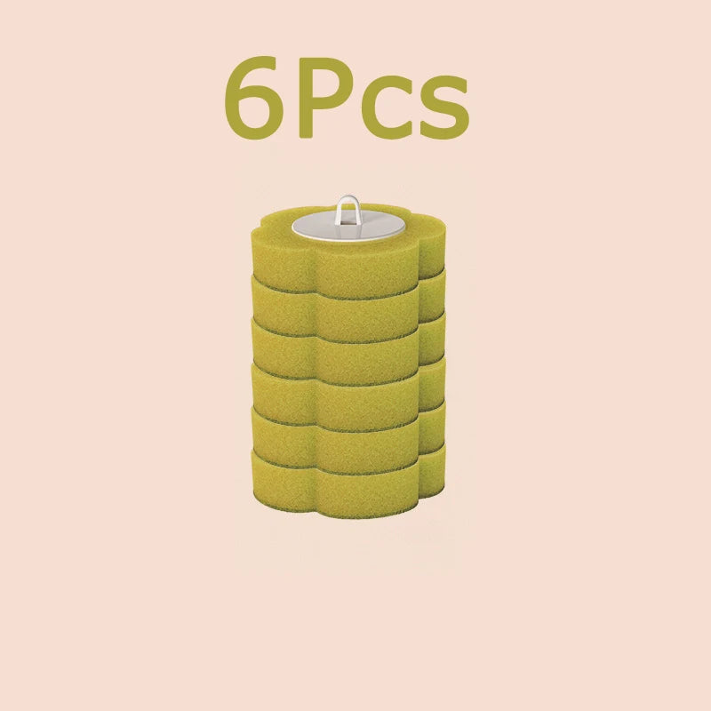 A set of six yellow disposable toilet brushes and holders.