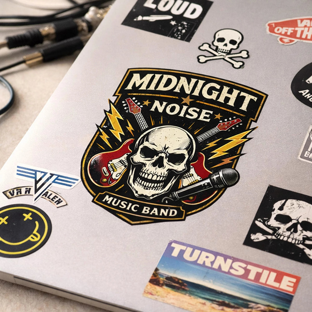 A graphic design featuring a skull and guitar motif for a music band decal on a white surface.