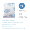 A package of 50 silica gel desiccant bags and a package of 100 silica gel desiccant bags.