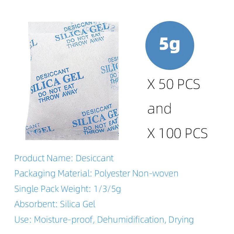 A package of 50 silica gel desiccant bags and a package of 100 silica gel desiccant bags.