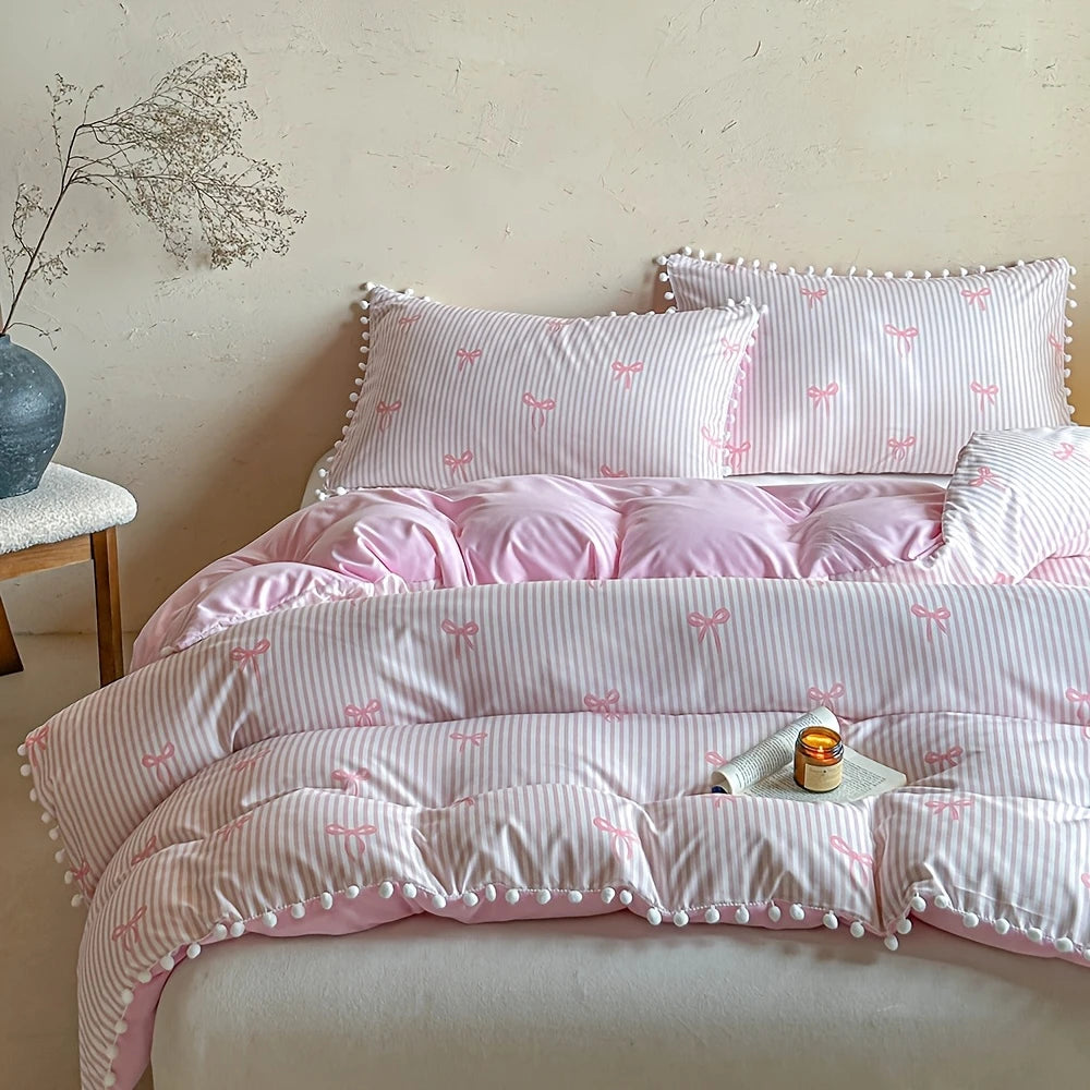 Cute Pink Bow Print Duvet Cover Set with Pillowcases