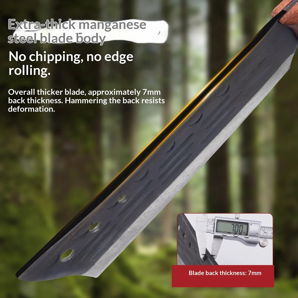 A close-up view of an extra-thick manganese steel blade body for a heavy-duty forged wood splitting axe.