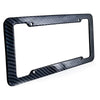 Black carbon fiber license plate frame with mounting holes and screws.