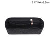 Black felt bag organizer with a zippered compartment and a hanging loop.