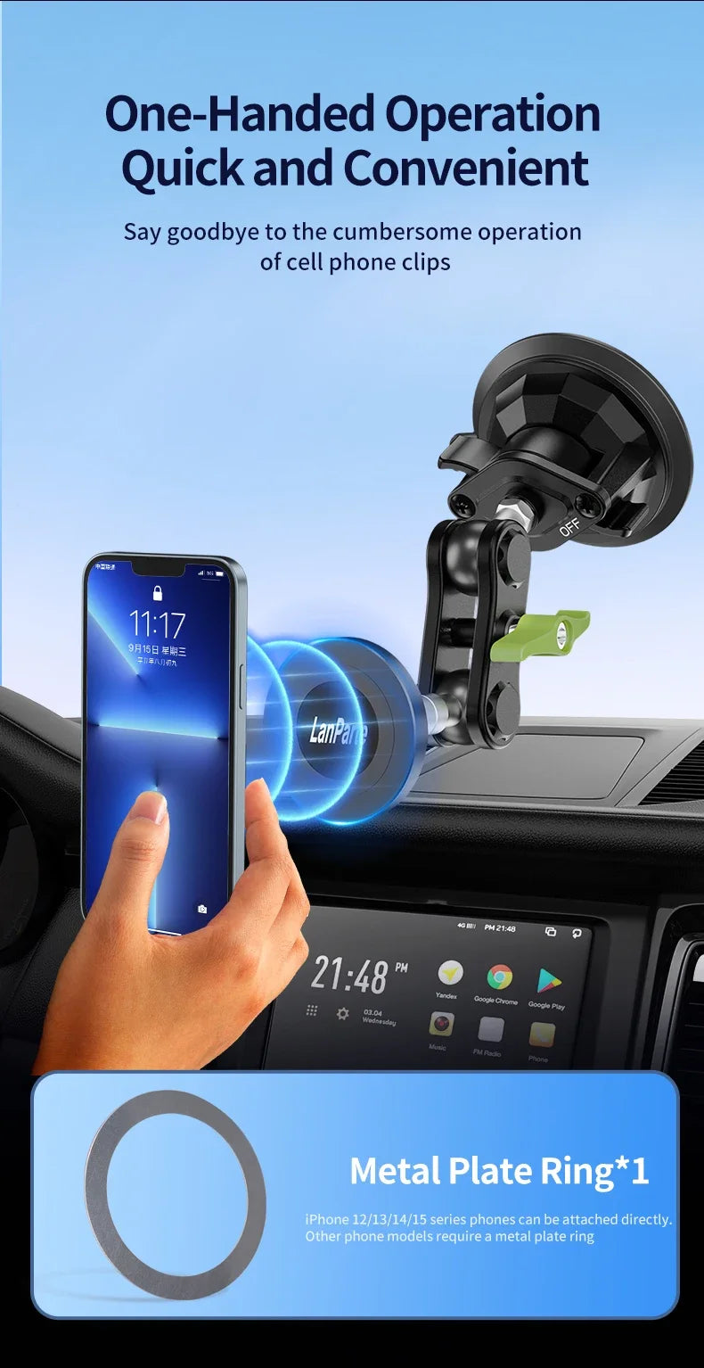 A hand is attaching a magnetic car phone mount to a vehicle interior using a metal plate ring.