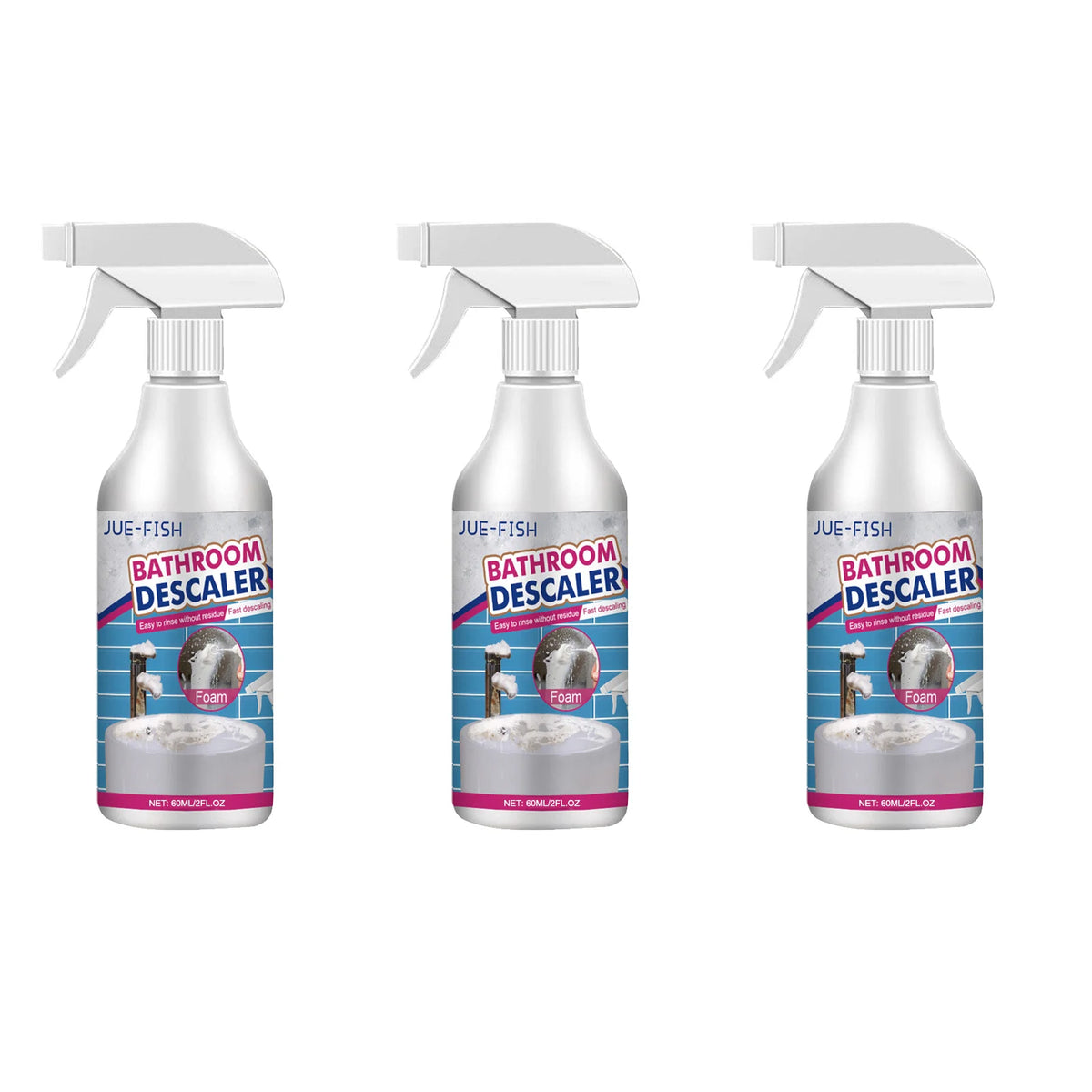 Three bottles of Jue-Fish bathroom descaler and stain remover spray with white sprayers.