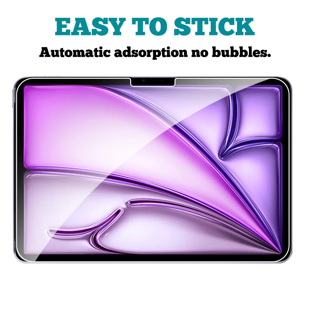 A close-up of a purple tempered glass screen protector being applied to an iPad screen.