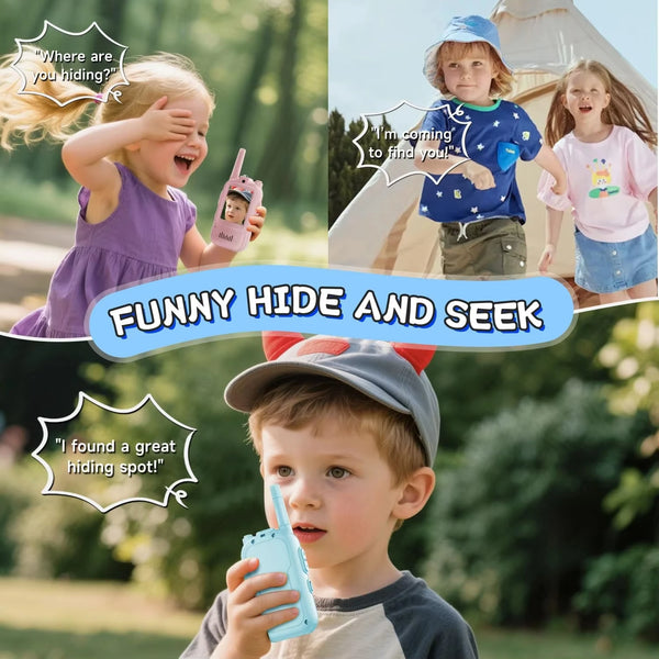 Children playing hide and seek using kids HD video walkie-talkies outdoors