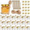 Set of hexagon mini glass honey jars with wood dippers and gold lids