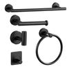 A set of black stainless steel bathroom towel racks and a circular towel ring.