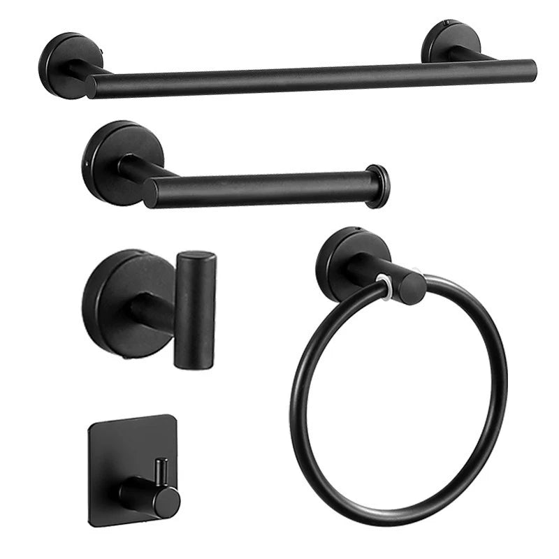 A set of black stainless steel bathroom towel racks and a circular towel ring.