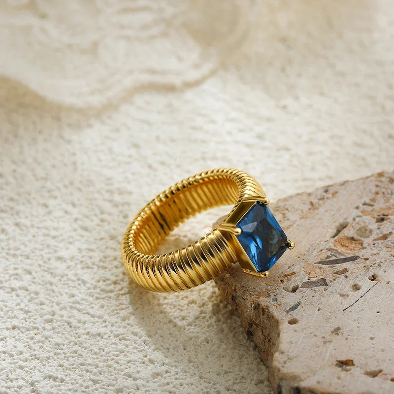 Chunky Gold-Plated Crystal Ring with Geometric Stripes