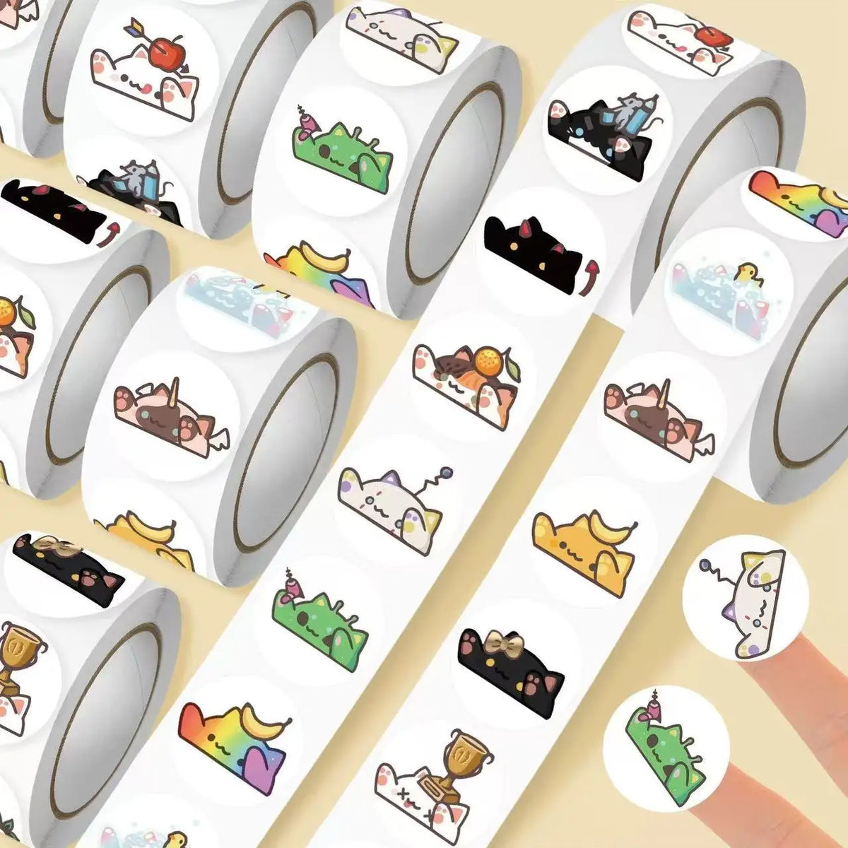 A collection of cute bongo cat stickers in various designs and colors on white rolls.