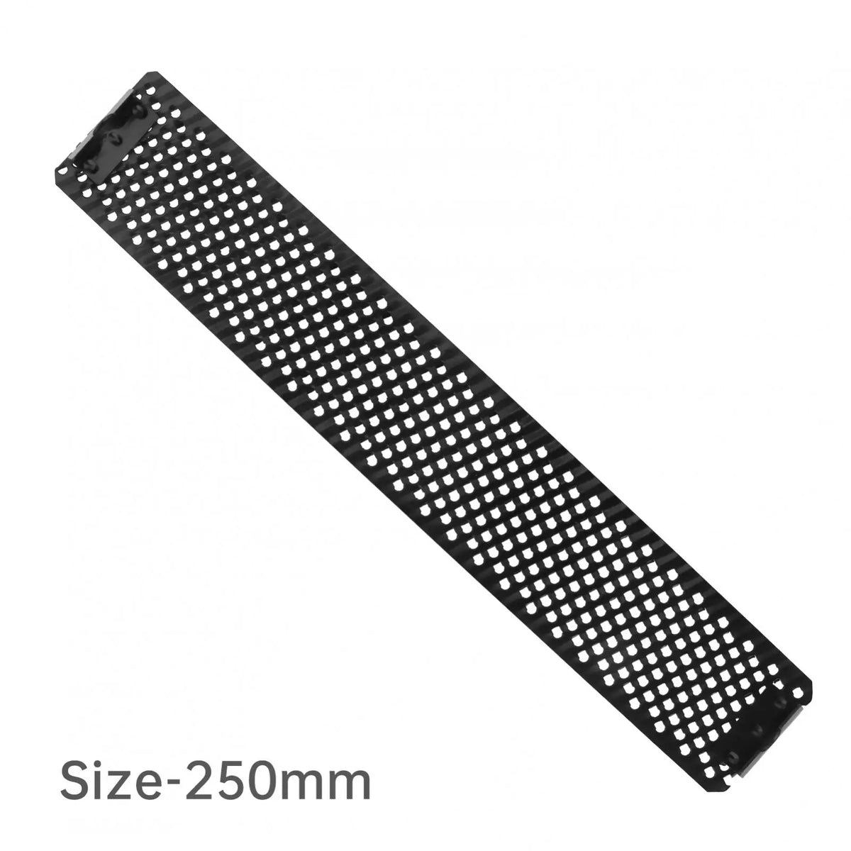 A black flat strip of shaver blades with numerous small holes, measuring 250mm long.