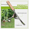 Stainless steel garden weeder with a wooden handle shown next to a plant.