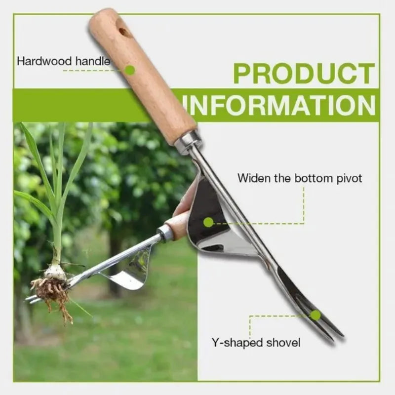 Stainless steel garden weeder with a wooden handle shown next to a plant.