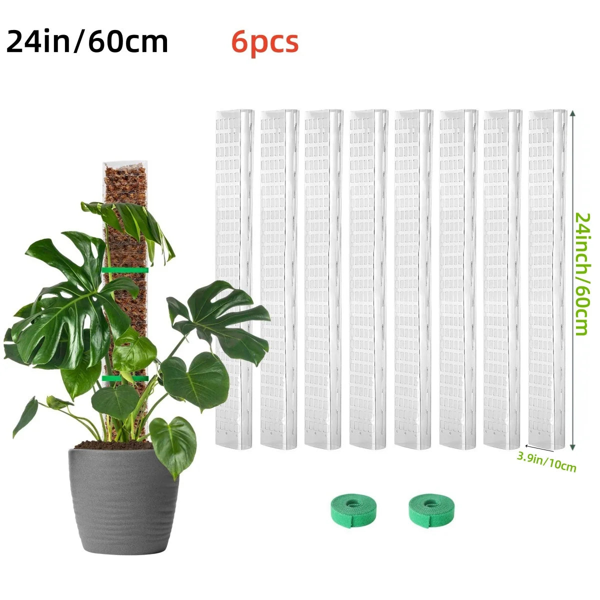 Six pieces of white plastic plant moss poles for indoor climbing plants, shown next to a potted green plant.
