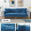 A dark blue quilted velvet sofa cushion cover displayed in various shades and textures.