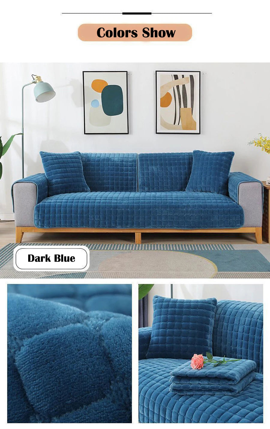 A dark blue quilted velvet sofa cushion cover displayed in various shades and textures.