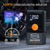 A black cordless digital inflator tool is shown next to a car wheel, highlighting its 150PSI maximum pressure and air flow sp