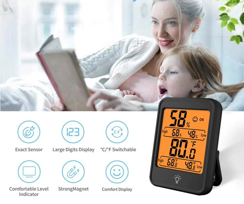 Digital Temperature and Humidity Monitor with Stand, Magnet, and Wall Mount