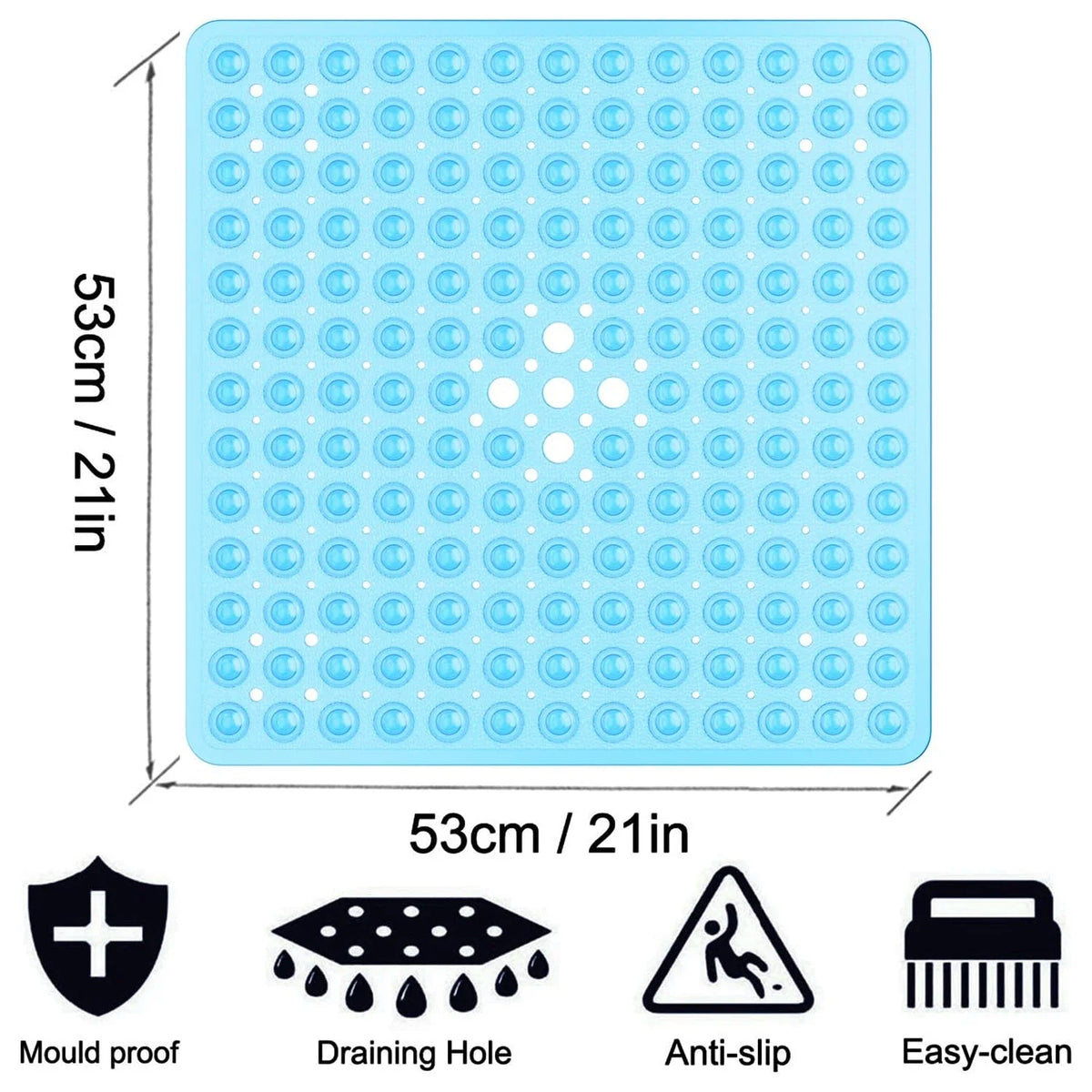 A light blue non-slip shower mat with suction cups for bathtub and bathroom floor, featuring a mould proof surface and easy-c