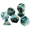 A set of seven polyhedral dice featuring a marbled blue and white design.