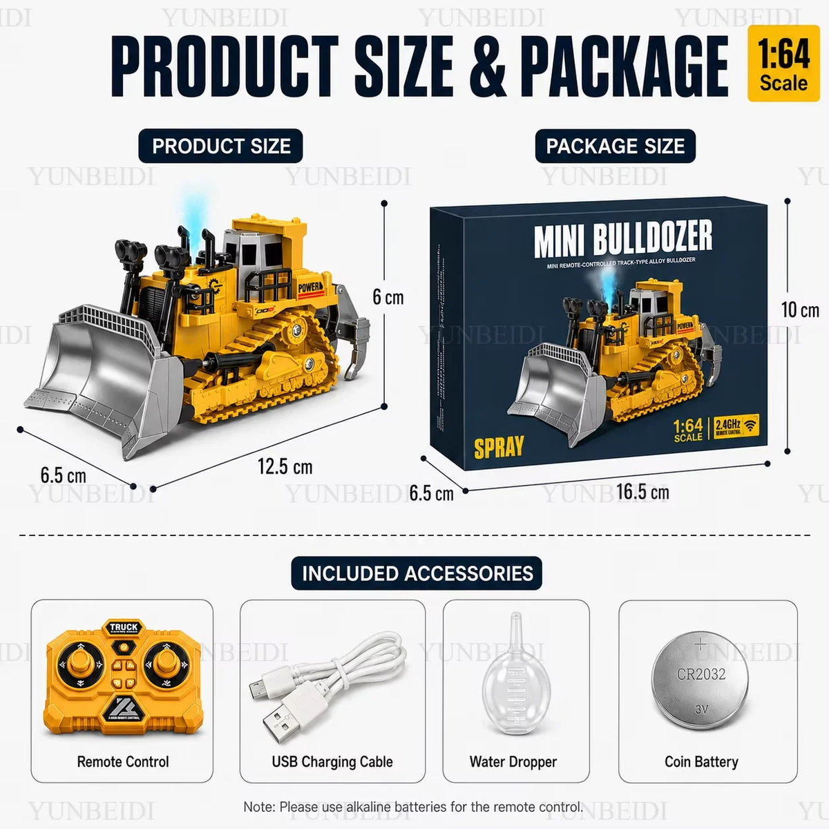 Mini bulldozer toy vehicle in yellow and black with included accessories like a remote control and coin battery