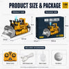 Mini bulldozer toy vehicle in yellow and black with included accessories like a remote control and coin battery