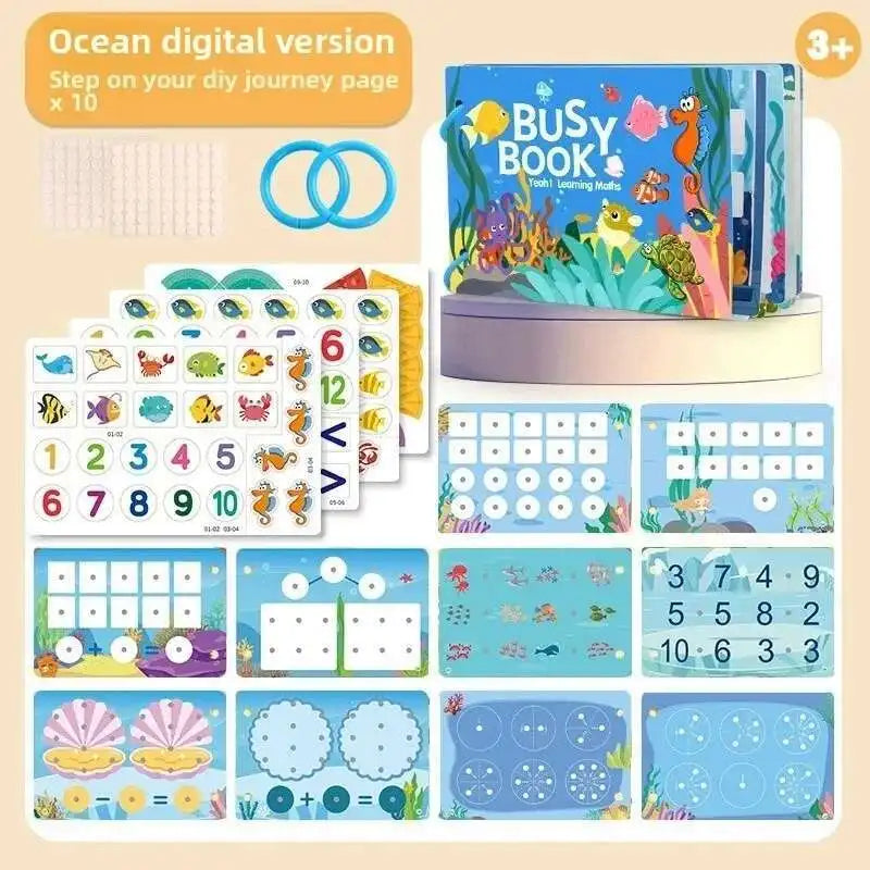 A colorful digital version of a busy book with various learning activities for toddlers.