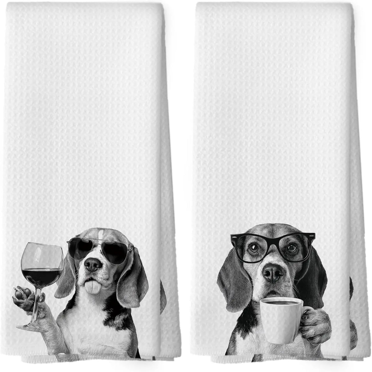 A pair of soft white kitchen towels featuring a dog print, used for cleaning.