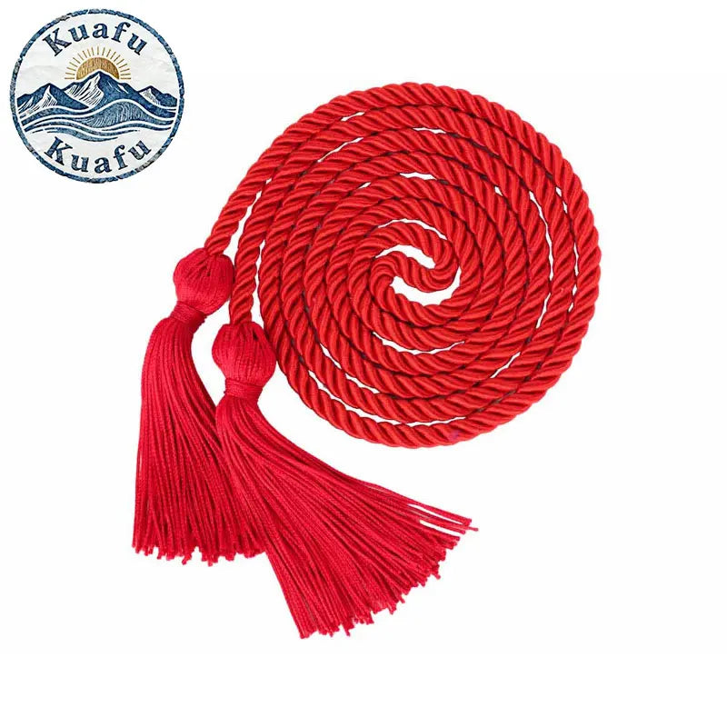 Red graduation honor cords with tassels featuring double fringe trim for ceremonies and crafts