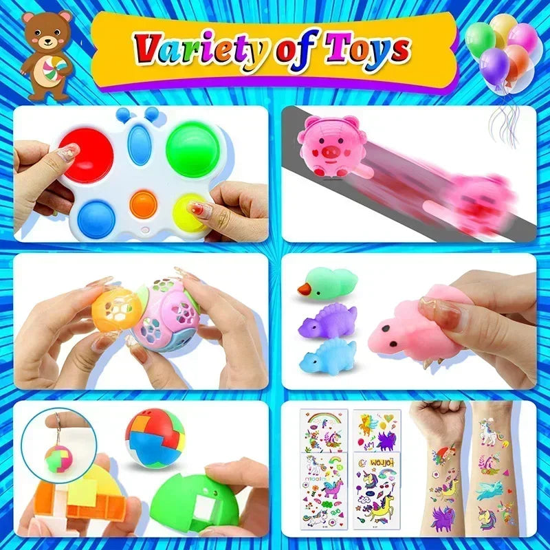 Assortment of kids party favors including snap bracelets, fidget toys, and various small toys.