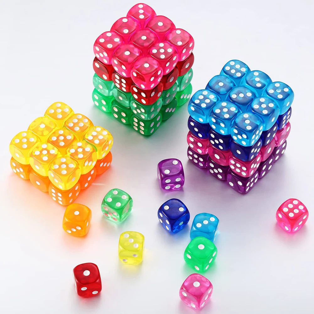A collection of colorful acrylic D6 dice in various shades of red, green, blue, and yellow are displayed on a white surface.