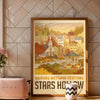 A framed canvas art print depicting a village scene for an annual autumn festival with warm colors and foliage.