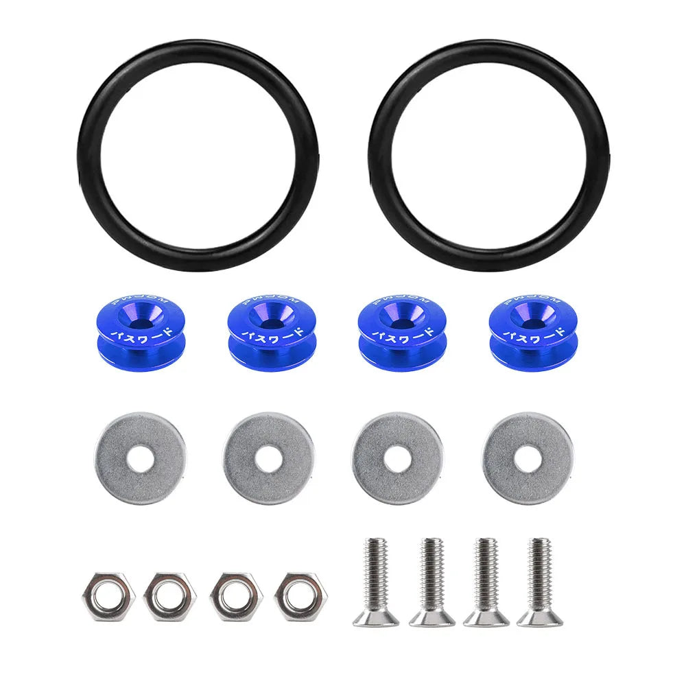 A set of black rings and various metal fasteners for an aluminum quick release bumper kit
