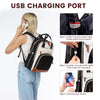 A woman is using a USB charging port on a laptop backpack to charge a smartphone.