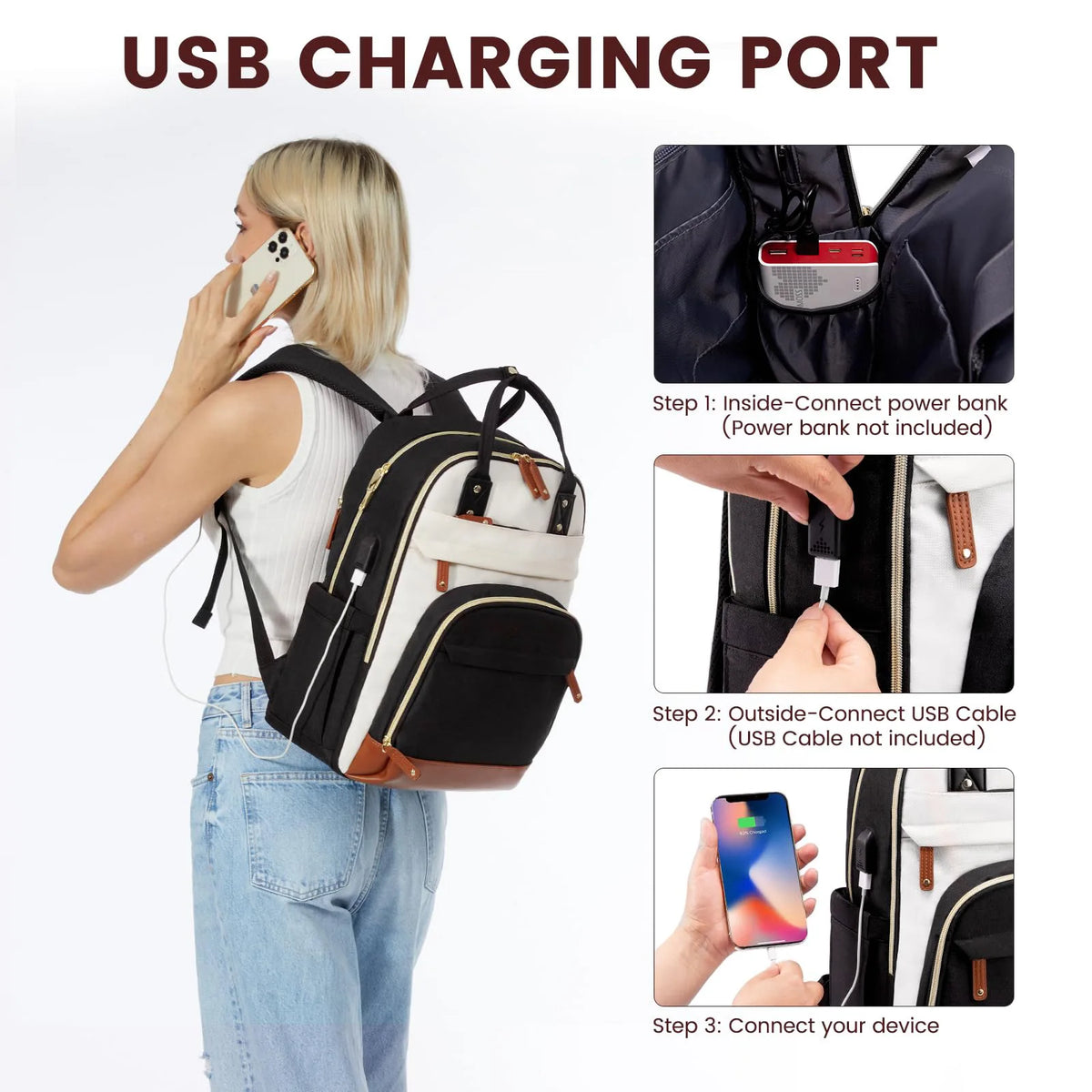 A woman is using a USB charging port on a laptop backpack to charge a smartphone.