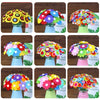 A collection of colorful felt flowers made with buttons, arranged in glass vases.
