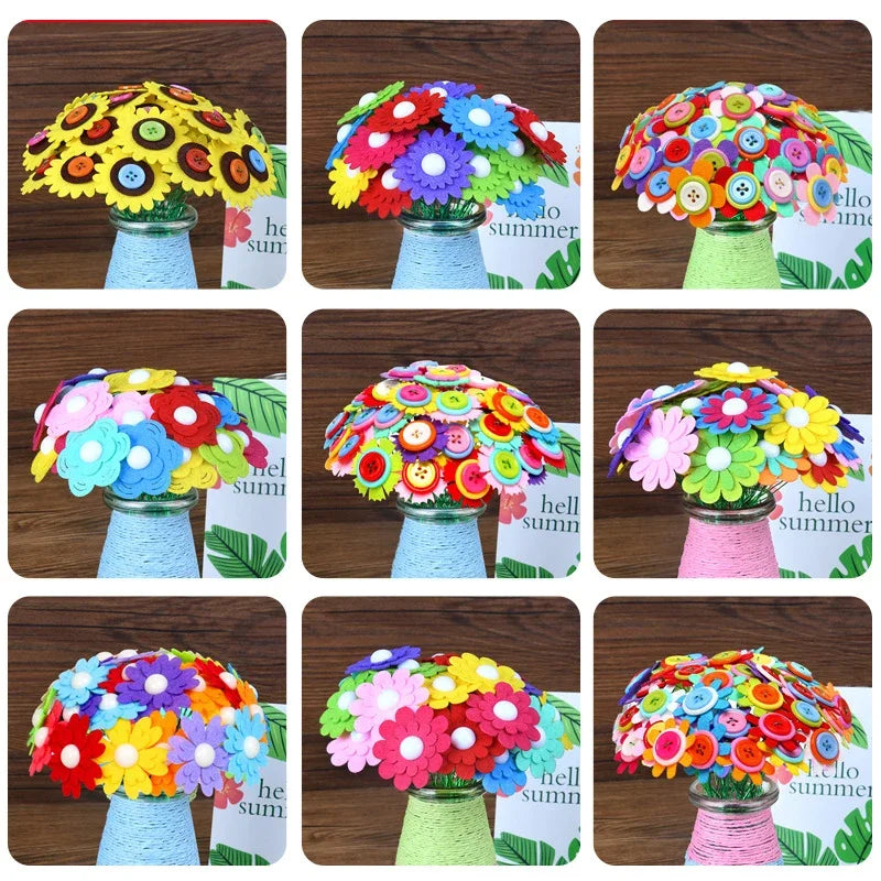 A collection of colorful felt flowers made with buttons, arranged in glass vases.
