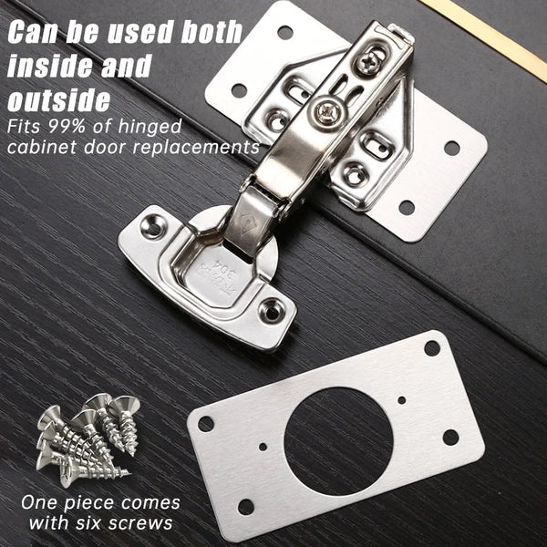 Kit de bisagra para reemplazo de puerta de gabinete de acero inoxidable con seis tornillos y placa de montaje.