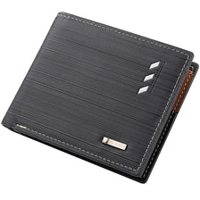 A black striped leather wallet with stitching and a metallic card holder is shown at an angle.
