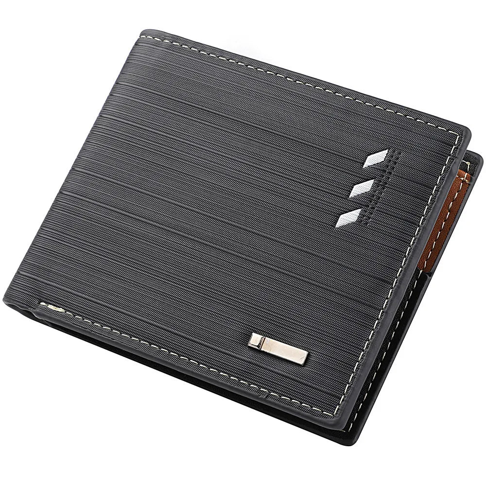 A black striped leather wallet with stitching and a metallic card holder is shown at an angle.
