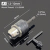 A drill chuck kit showing a hexagonal adapter and a metal shaft with various mounting threads.