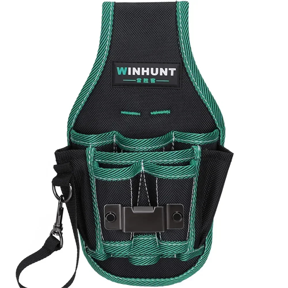 Black and green heavy-duty tool waist bag with a belt for carpenters and electricians
