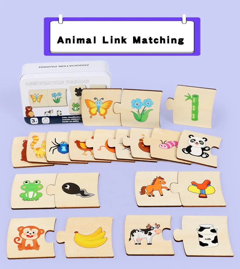 Un juego de puzzles de animales de madera con piezas a juego para niños, incluyendo mariposas, pájaros y mamíferos.