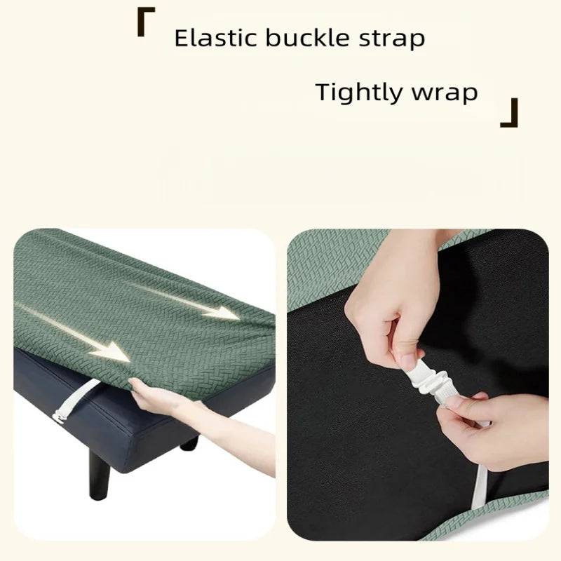 A close-up of an elastic buckle strap being tightly wrapped around a dark green fabric bench cover.